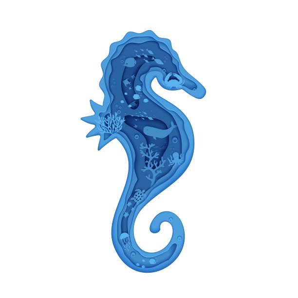 一张海马的剪影。剪纸海洋生物海马，水母，鲸鱼，螃蟹。用鱼类、珊瑚礁、海藻和海浪制作海底洞穴。矢量世界海洋日概念。图片下载