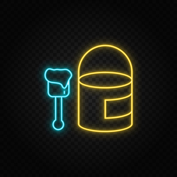 建筑,油漆刷。蓝色和黄色霓虹灯矢量图标。图片下载