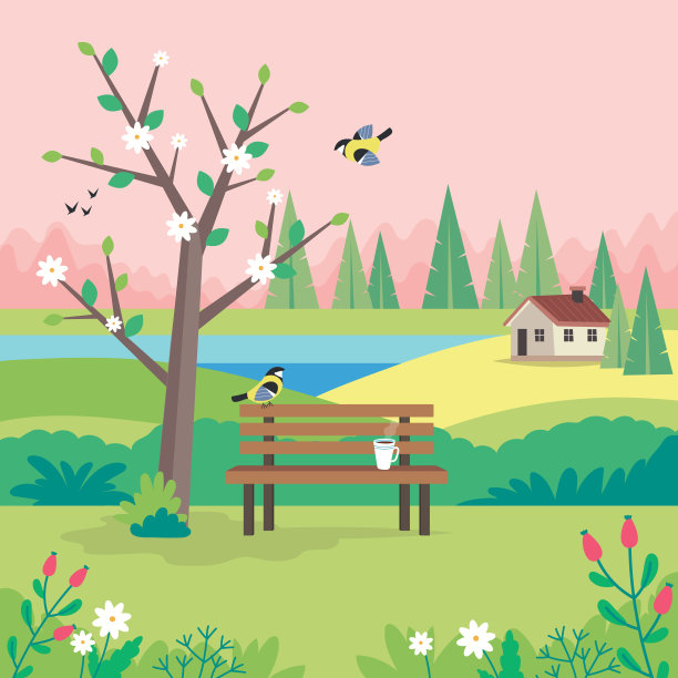 有长凳、树旺、房子、田野、自然的春景。可爱的矢量插图在平面风格素材图片