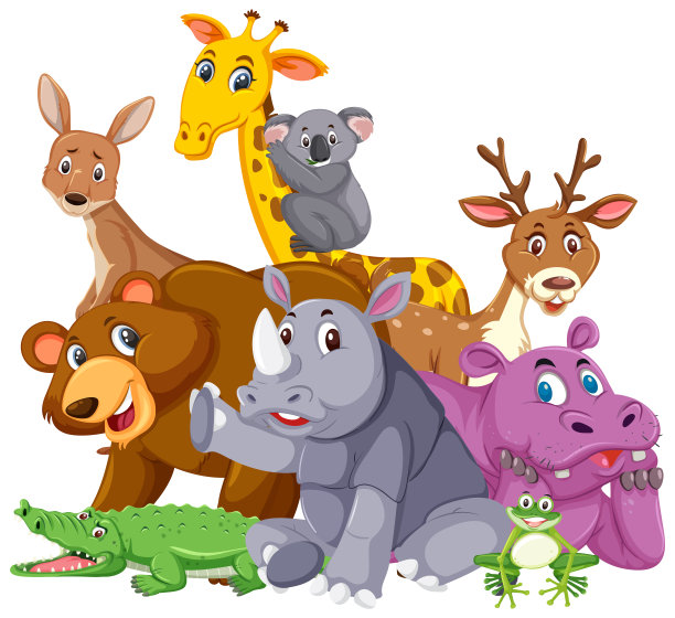 白色背景上有不同种类的野生动物图片下载