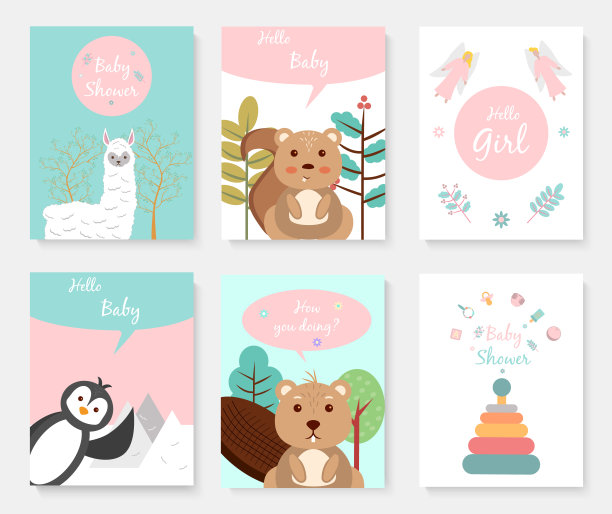 一套可爱的动物宝宝派对海报。贺卡，羊驼，地松鼠，海狸，企鹅，天使和儿童玩具。矢量图图片下载