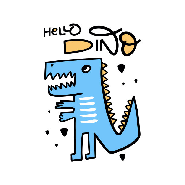 可爱的蓝色恐龙。你好，迪诺字母短语。手绘彩色矢量插图卡通风格。线的艺术。孤立在白色背景上。图片下载