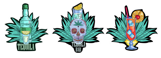 手绘矢量墨西哥标签集。以龙舌兰酒瓶、鸡尾酒、玻璃杯、柠檬和龙舌兰为背景的贴纸。图片下载