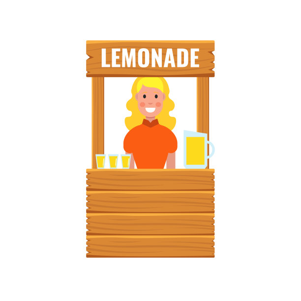 可爱的卡通女孩站在柠檬水摊上。矢量插图。图片下载
