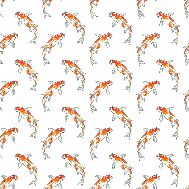 锦鲤无缝图案。手绘草图上的白色背景。水彩插图图片下载