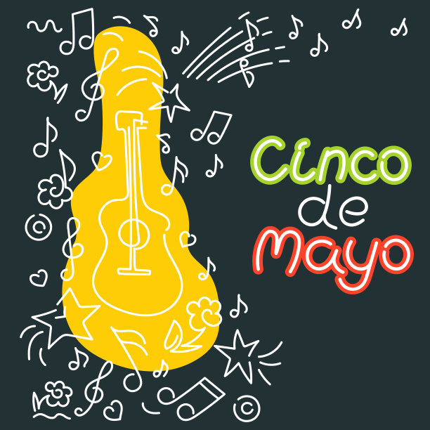 五月五日节，墨西哥的联邦假日。5月5日。矢量手绘字母，涂鸦背景。海报音乐音乐会，节日在黑暗的背景图片下载