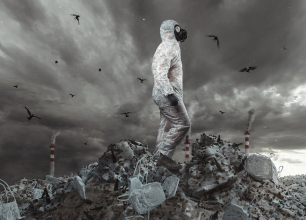 身穿白色工装和防毒面具的幸存者站在垃圾堆顶端，眺望末日天空图片下载