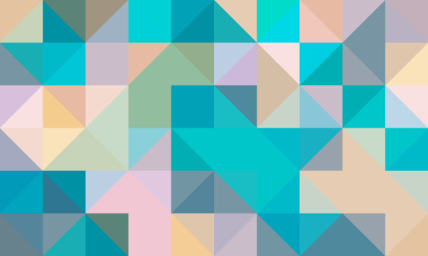 几何图案背景由一系列不同颜色的正方形和三角形重叠组成。图片下载