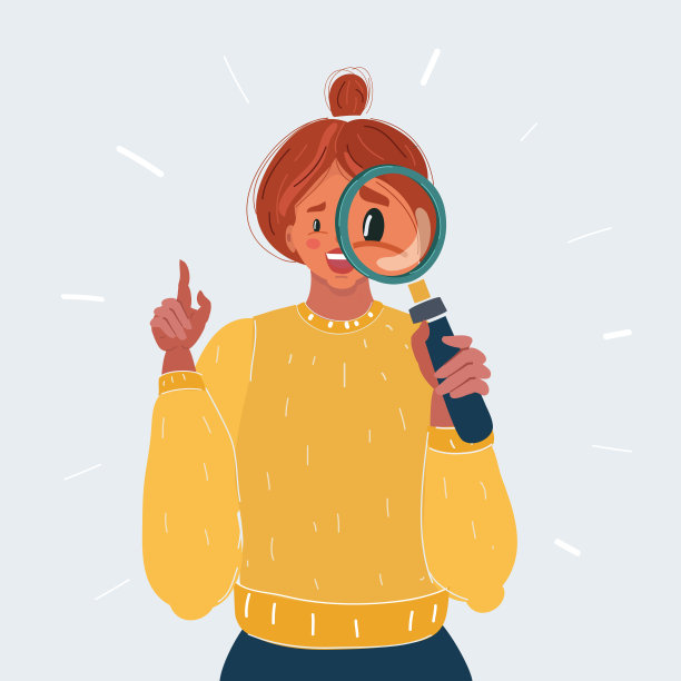 一个女人用放大镜在白色。图片下载