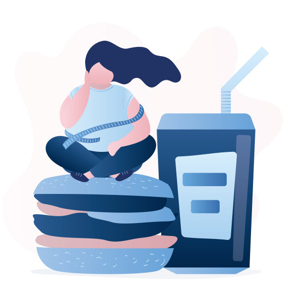 悲哀的胖女人坐在大汉堡上。不健康的快餐和超重的女性角色与卷尺图片下载