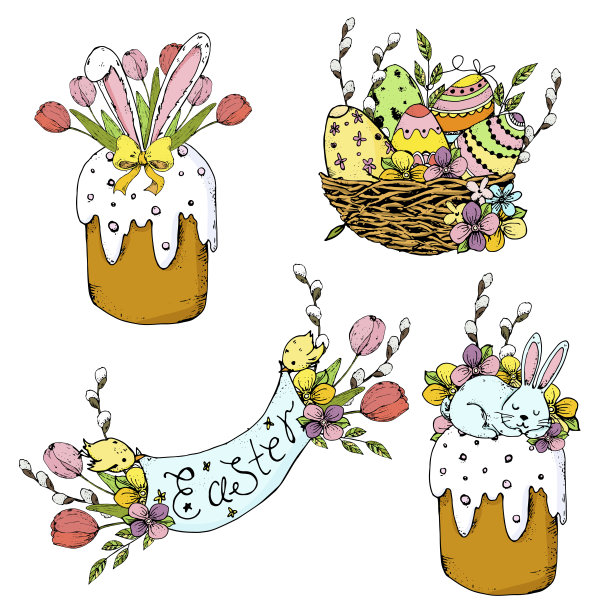 复活节合成的向量集。卡通复活节涂鸦插图。两个有装饰的复活节蛋糕，兔子，柳枝，郁金香，巢与复活节蛋，鸟，海报与铭文。图片下载