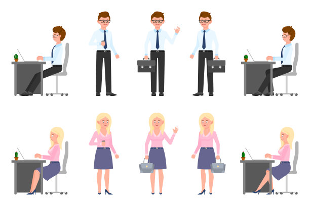 快乐，微笑的男人和女人矢量插图。挥手打招呼，站在一边看咖啡，坐在桌子上，在笔记本电脑上打字男性和女性卡通人物设置在白色素材图片