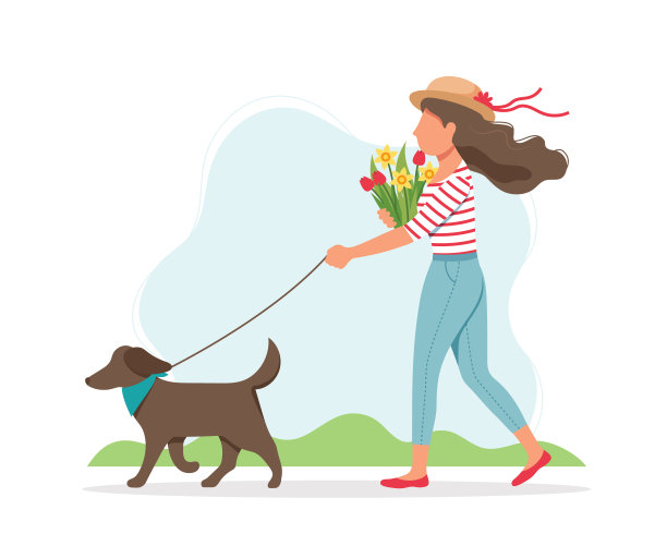 一个女人在春天遛狗，带着鲜花。可爱的矢量插图在平面风格素材图片