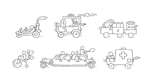 素描设置可爱的汽车和人图片下载