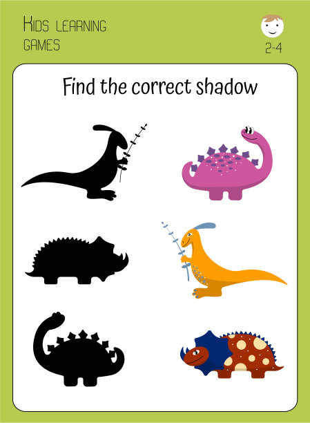 找到正确的恐龙影子。卡通可爱的恐龙。游戏为儿童，学步儿童，学龄前儿童图片下载