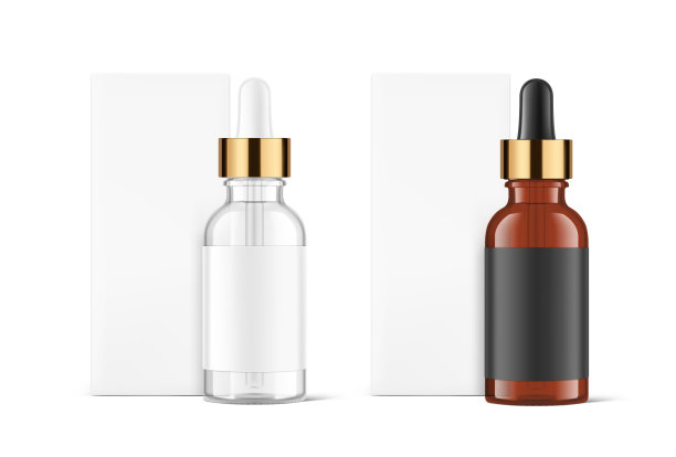 现实的纸板包装盒模型与滴管瓶模型隔离在白色的背景。图片下载