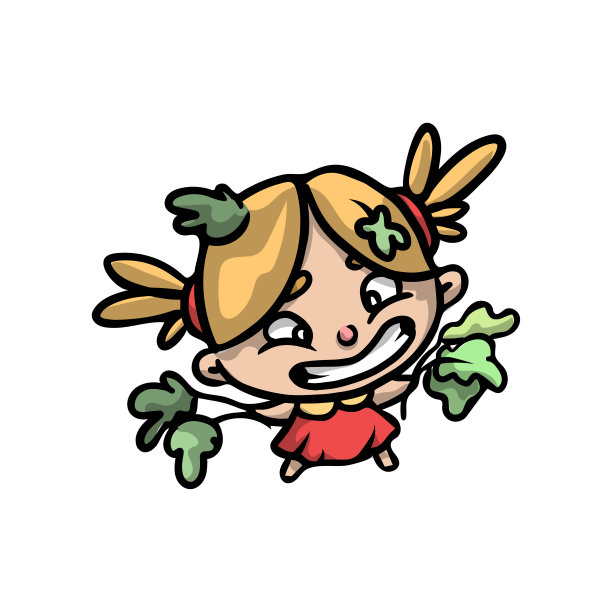 可爱有趣的金发女孩穿着红色的裙子和绿色的叶子图片下载