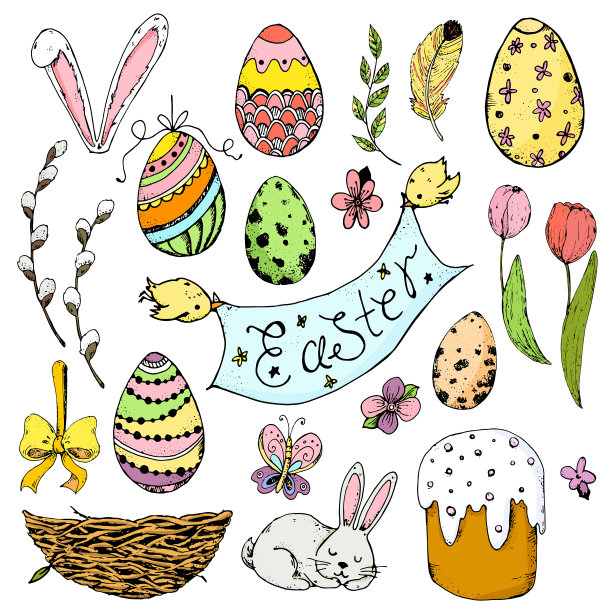 收集多彩的复活节涂鸦。大套可爱的复活节卡通人物和设计元素孤立在白色的背景。兔子，复活节彩蛋，鲜花。春天的矢量图。图片下载