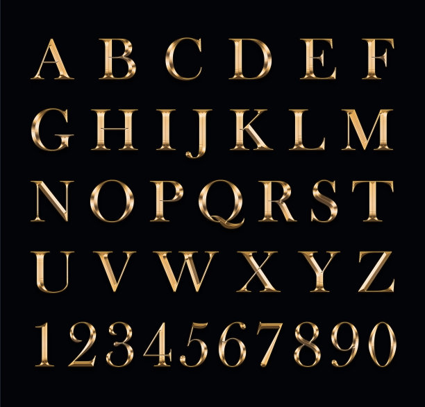 黑色背景上的金色字母和数字。图片下载