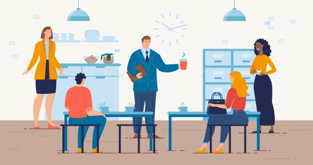 咖啡休息在办公室时髦的平面矢量概念素材图片