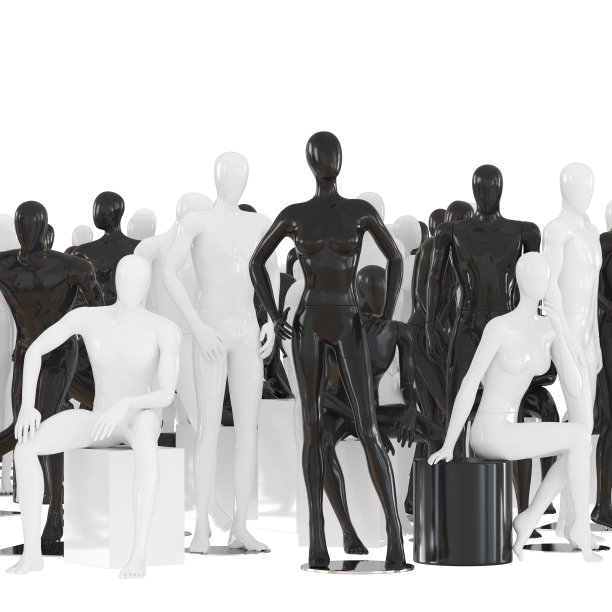 坐着和站着的不同姿势的人体模型在一个白色的背景。三维渲染图片下载