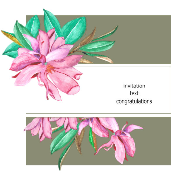 水彩构图(设计师框架)从孤立的水彩元素(木兰花，叶子)在一个彩色的背景。婚礼请柬的设计图片下载