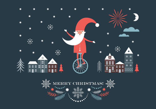 圣诞侏儒骑着独轮车经过，圣诞插图，贺卡图片下载