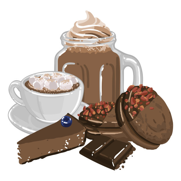 可可或咖啡加棉花糖和鲜奶油，周围是巧克力甜点图片下载