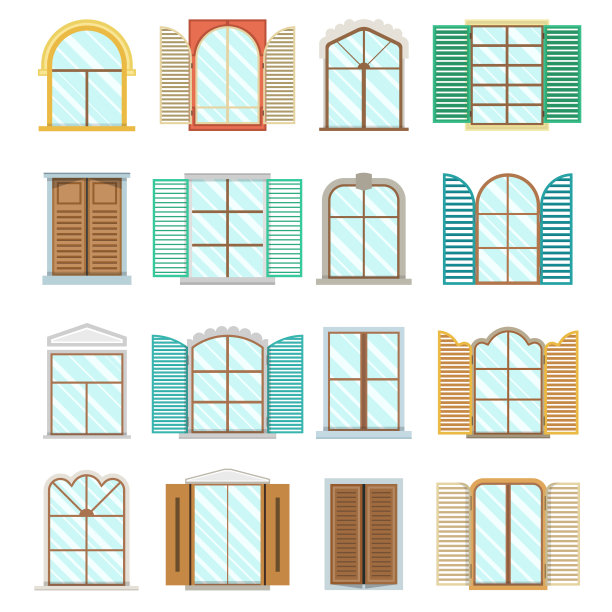 一套古老的木材或木制窗框的观点孤立在房子的墙壁上。复古的塑料窗户。平面向量插图。图片下载