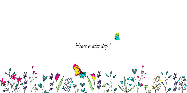 横旗的明亮的颜色可爱的简单野花涂鸦风格和蝴蝶在白色的背景。手绘。薰衣草。矢量插图。图片下载