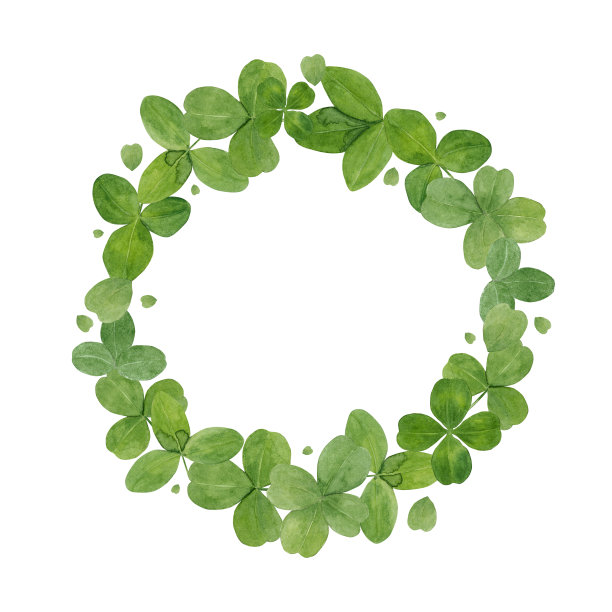 水彩背景与绿色的三叶草叶子圈孤立在白色。图片下载