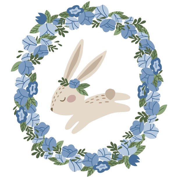 可爱的卡通兔子戴着蓝色的花环。图片下载