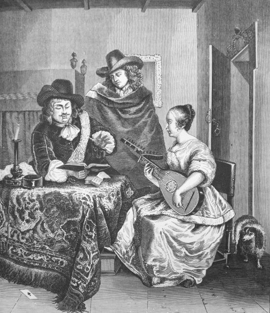 画中的一个女人在弹琵琶的旧书，de Peintres，由C.布兰科，1863年，巴黎图片下载