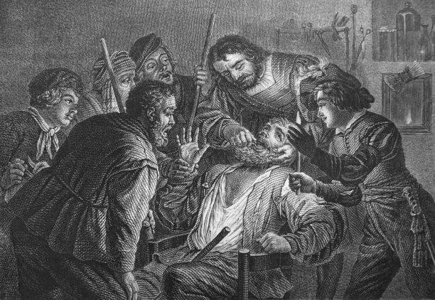 一幅中世纪牙医在治疗牙齿的照片，摄于旧书《画》，作者是C. Blanc, 1863年，巴黎图片下载