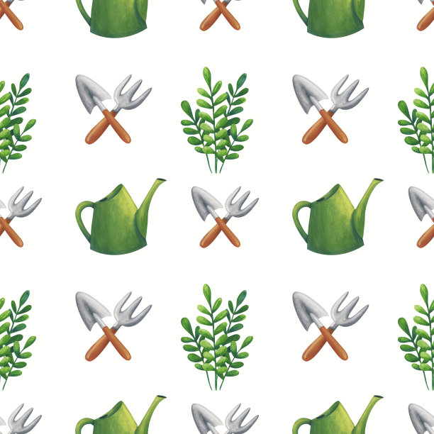 植物栽培。无缝水粉图案插图。花园铲，喷壶，绿色植物，灌木。可爱的印花与白色的背景。植物装饰是对自然和园艺的热爱。春天的心情图片下载