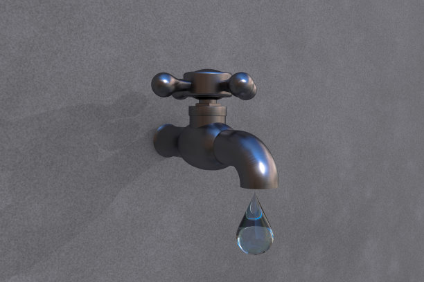 3D插画：蓝色水滴从镀铬水龙头滴落，背景为灰色混凝土墙，环保概念图片下载