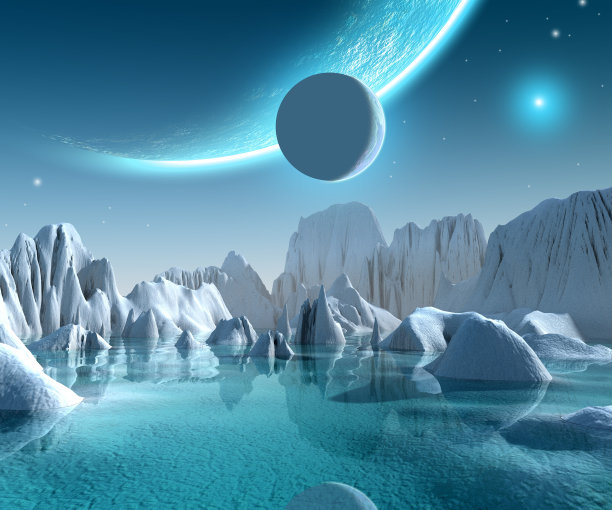 外星行星系统，冰，山脉和海洋，3d渲染图片下载
