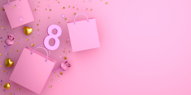 妇女节快乐，购物袋，布局，模板，横幅，8号，金色的心形，玫瑰和五彩纸屑在粉红色的背景。3 d演示。图片下载