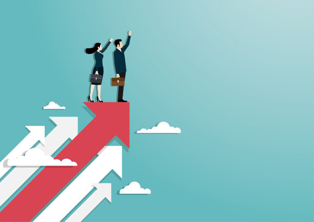 商人和妇女站在红色箭头上举手图片下载