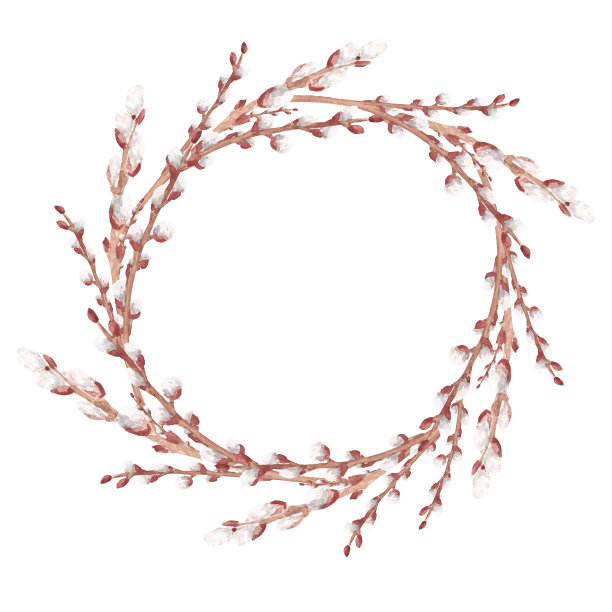 水彩春天猫咪柳枝圆花环孤立在白色的背景。图片下载