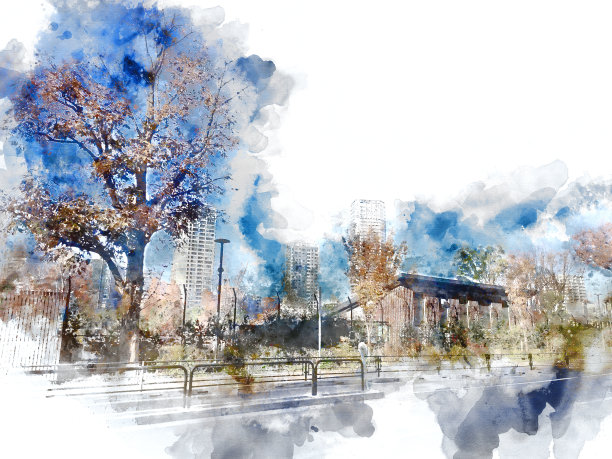 抽象办公楼以城市建筑为背景绘制水彩画。城市上的数字插画刷艺术。图片下载