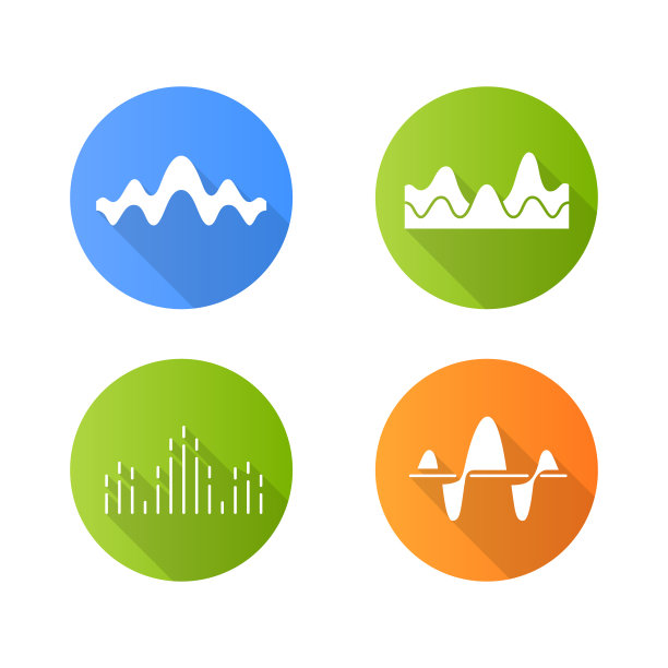 声波平面设计长阴影字形图标集。噪音,振动频率。音量，均衡器电平线。音乐,节奏。数字曲线声波标识。向量轮廓图图片下载