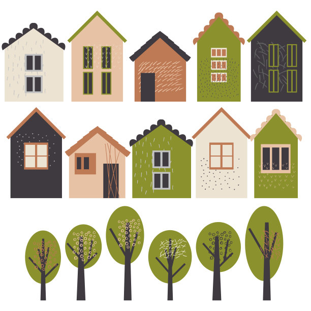 可爱的房子和树。图片下载