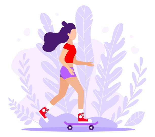 年轻时尚的女孩穿着上衣和短裤在夏天玩滑板。平面风格字符矢量插图孤立在白色背景。插图为登陆页，文章，现代精神的自由青少年图片下载