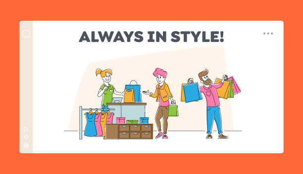 季节性销售，购物狂与购买网站登陆页。男人拿购物袋在柜台与女友制作购物卡通网页横幅。卡通平面矢量插图，线条艺术图片下载