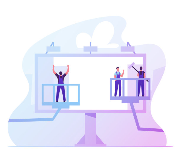 工人们用高空作业平台张贴海报。街头广告牌广告。登山职业，城市广告，招牌安装，卡通平面矢量插图图片下载