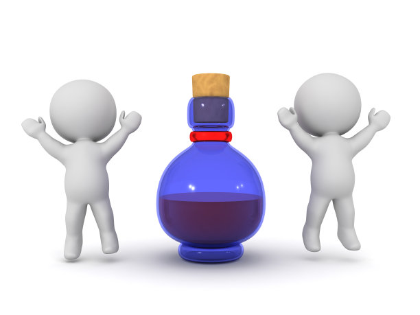 两个快乐的3D角色在药水瓶周围跳图片下载