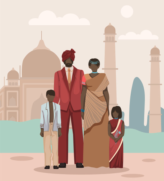穿着印度民族服装的家人在泰姬陵附近。图片下载