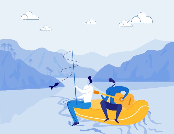 游客在河上划船和钓鱼。图片下载