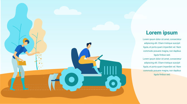 拖拉机上的人耕种土地。女人播下种子。图片下载